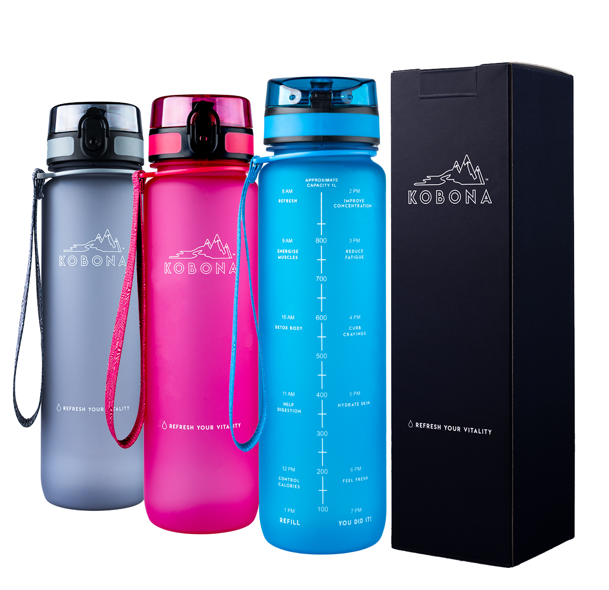 KOBONA Motivational Sport Water Bottles 1000ml Series